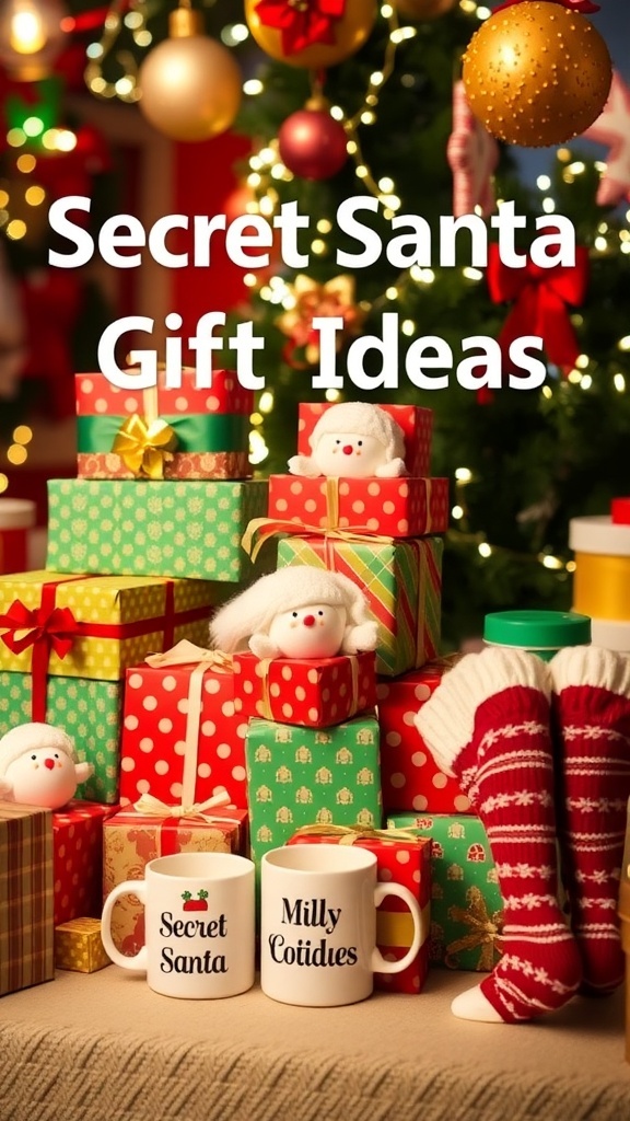 Creative Secret Santa Gift Ideas A collection of Secret Santa gift ideas including mugs, socks, and chocolates, surrounded by holiday decorations.